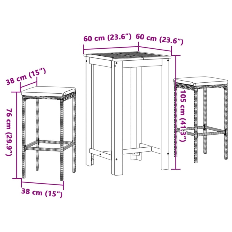 vidaXL 3 Piece Patio Bar Set Gray Solid Wood Acacia and Poly Rattan