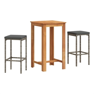 vidaXL 3 Piece Patio Bar Set Gray Solid Wood Acacia and Poly Rattan