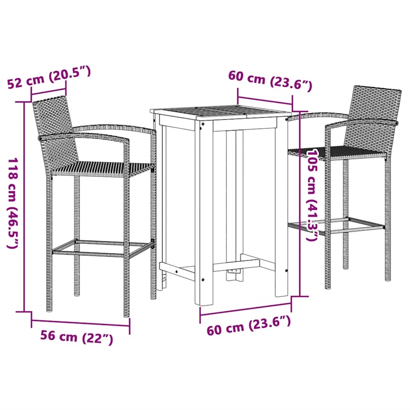vidaXL 3 Piece Patio Bar Set Gray Solid Wood Acacia and Poly Rattan