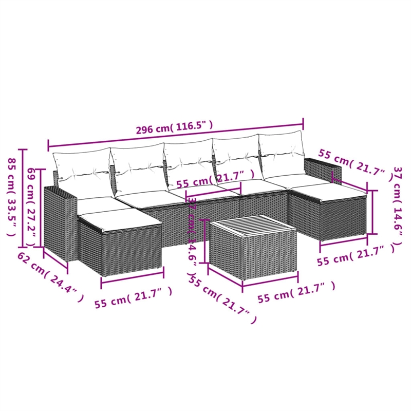 vidaXL 8 Piece Patio Sofa Set with Cushions Black Poly Rattan