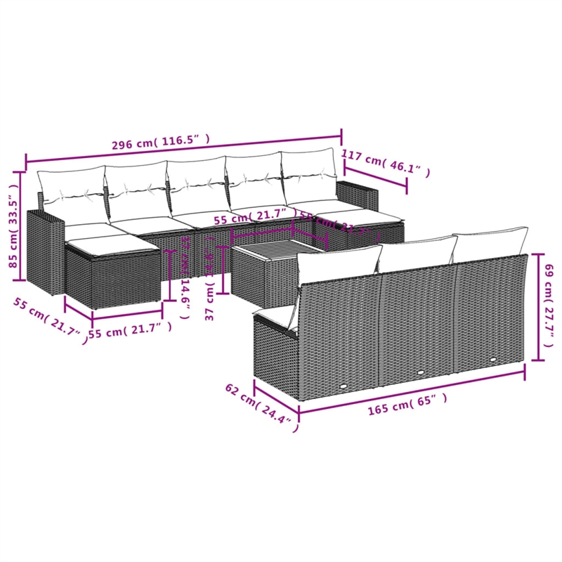 vidaXL 11 Piece Patio Sofa Set with Cushions Black Poly Rattan
