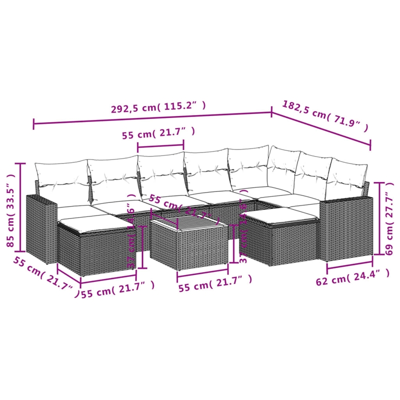 vidaXL 10 Piece Patio Sofa Set with Cushions Black Poly Rattan