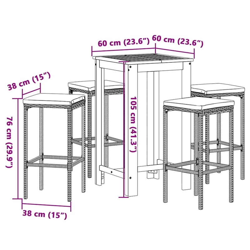 vidaXL 5 Piece Patio Bar Set Black Solid Wood Acacia and Poly Rattan