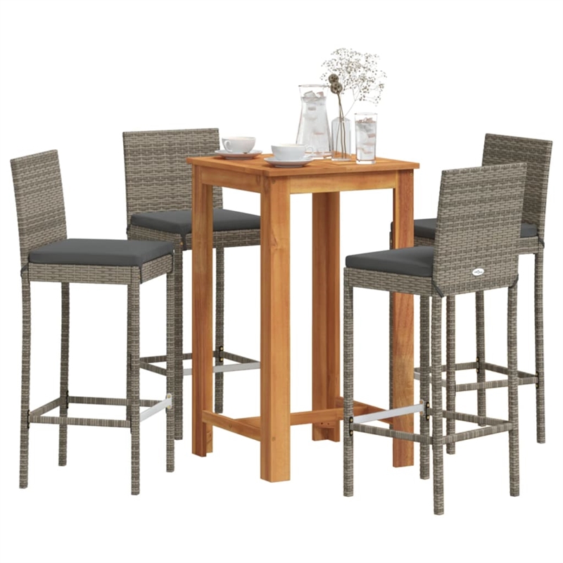 vidaXL 5 Piece Patio Bar Set Gray Solid Wood Acacia and Poly Rattan