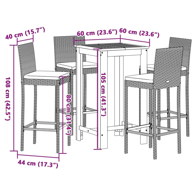 vidaXL 5 Piece Patio Bar Set Gray Solid Wood Acacia and Poly Rattan