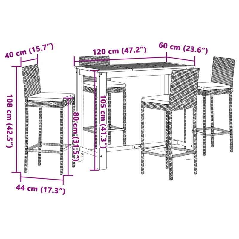 vidaXL 5 Piece Patio Bar Set Gray Solid Wood Acacia and Poly Rattan