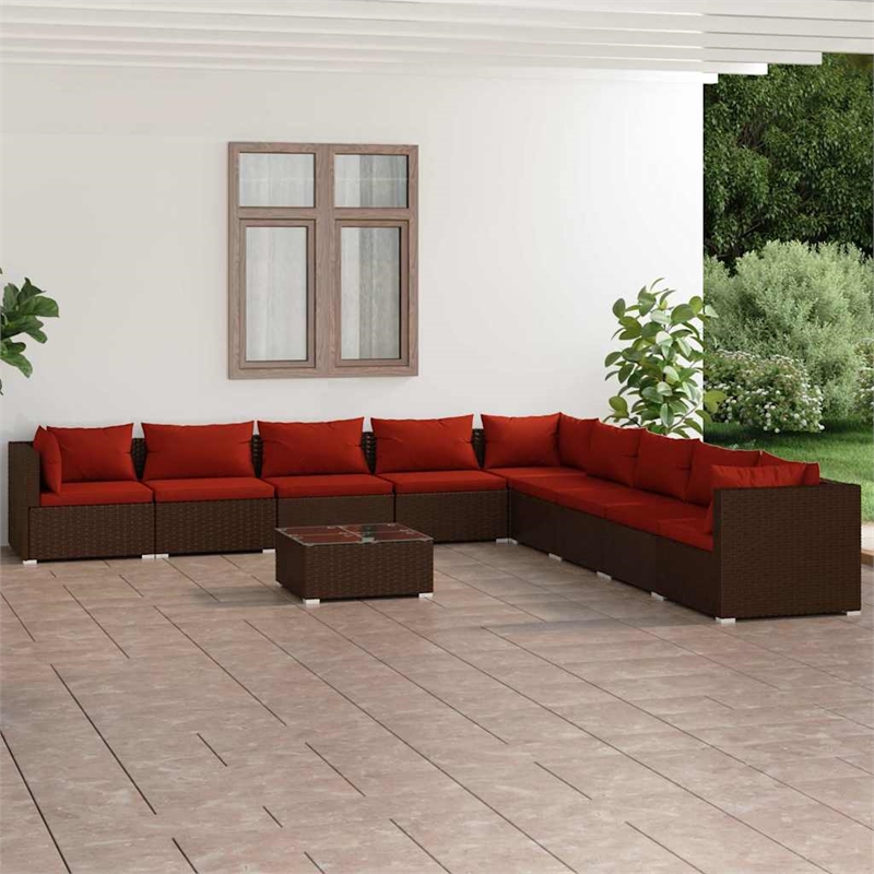 vidaXL 10 Piece Patio Lounge Set with Cushions Poly Rattan Brown