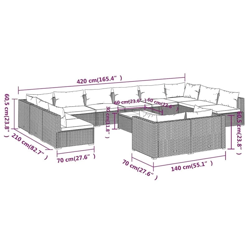 vidaXL 13 Piece Patio Lounge Set with Cushions Brown Poly Rattan