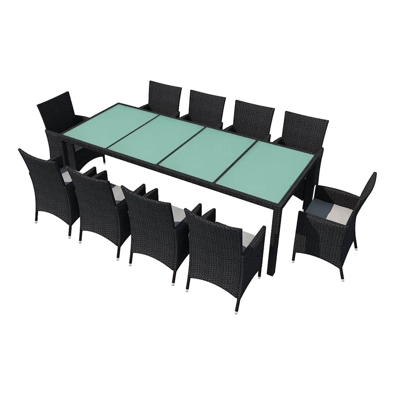 vidaXL 11 Piece Patio Dining Set with Cushions Poly Rattan Black