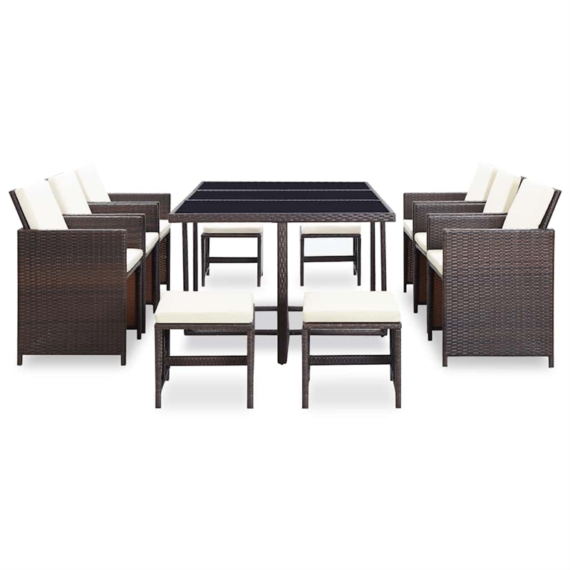 vidaXL 11 Piece Patio Dining Set with Cushions Poly Rattan Brown
