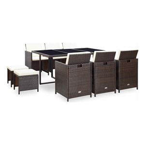 vidaXL 11 Piece Patio Dining Set with Cushions Poly Rattan Brown