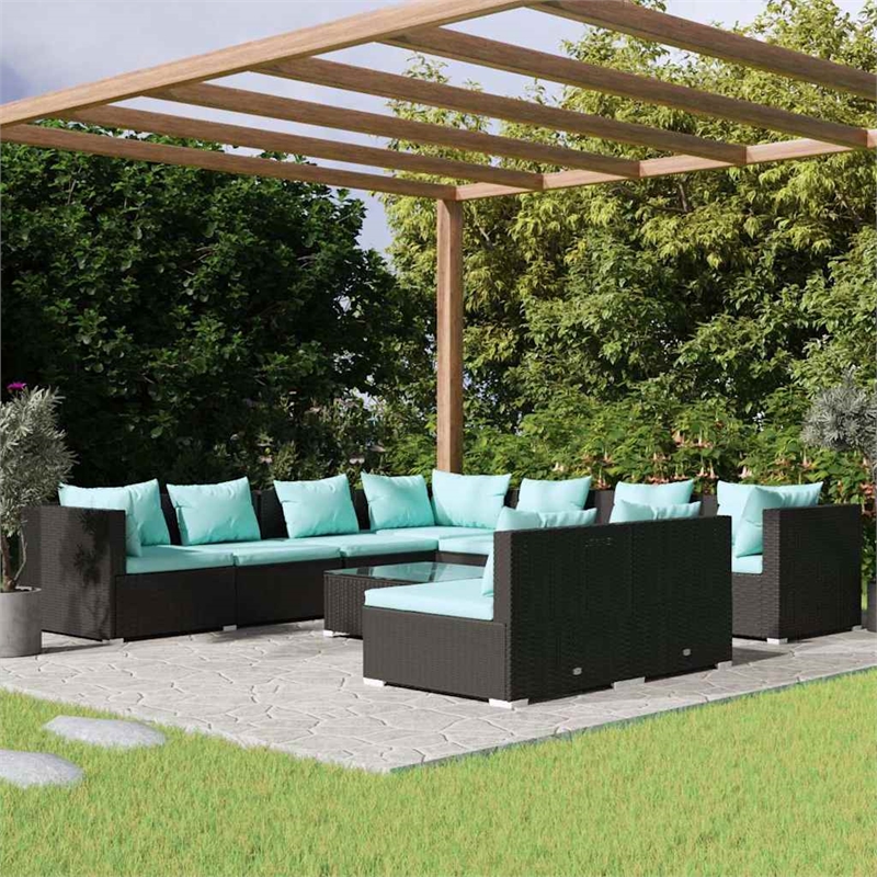 vidaXL 10 Piece Patio Lounge Set with Cushions Black Poly Rattan