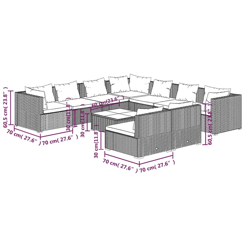 vidaXL 10 Piece Patio Lounge Set with Cushions Brown Poly Rattan