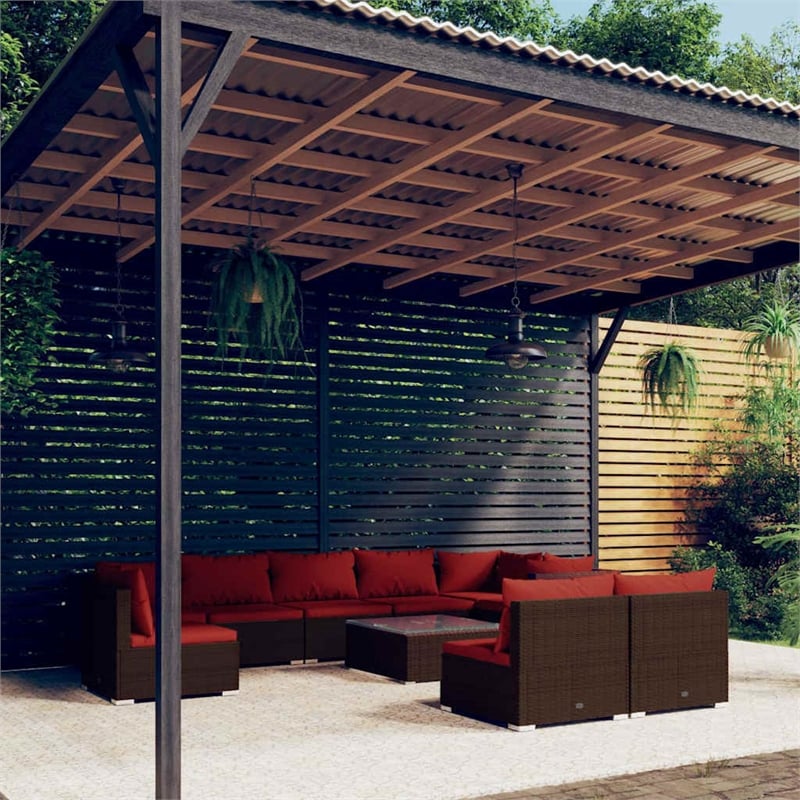 vidaXL 10 Piece Patio Lounge Set with Cushions Poly Rattan Brown