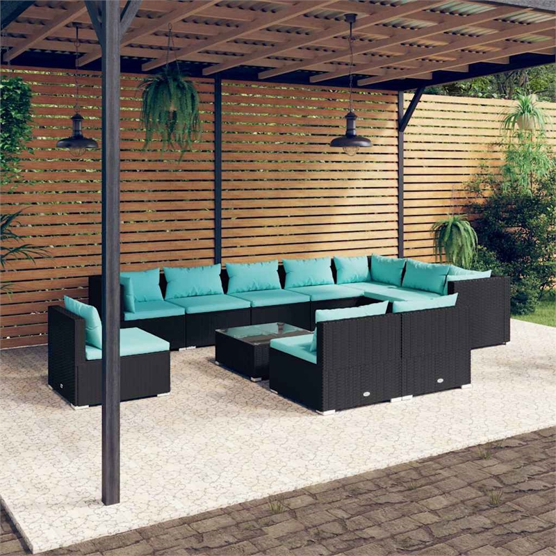 vidaXL 11 Piece Patio Lounge Set with Cushions Poly Rattan Black