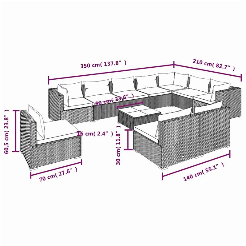 vidaXL 11 Piece Patio Lounge Set with Cushions Poly Rattan Black