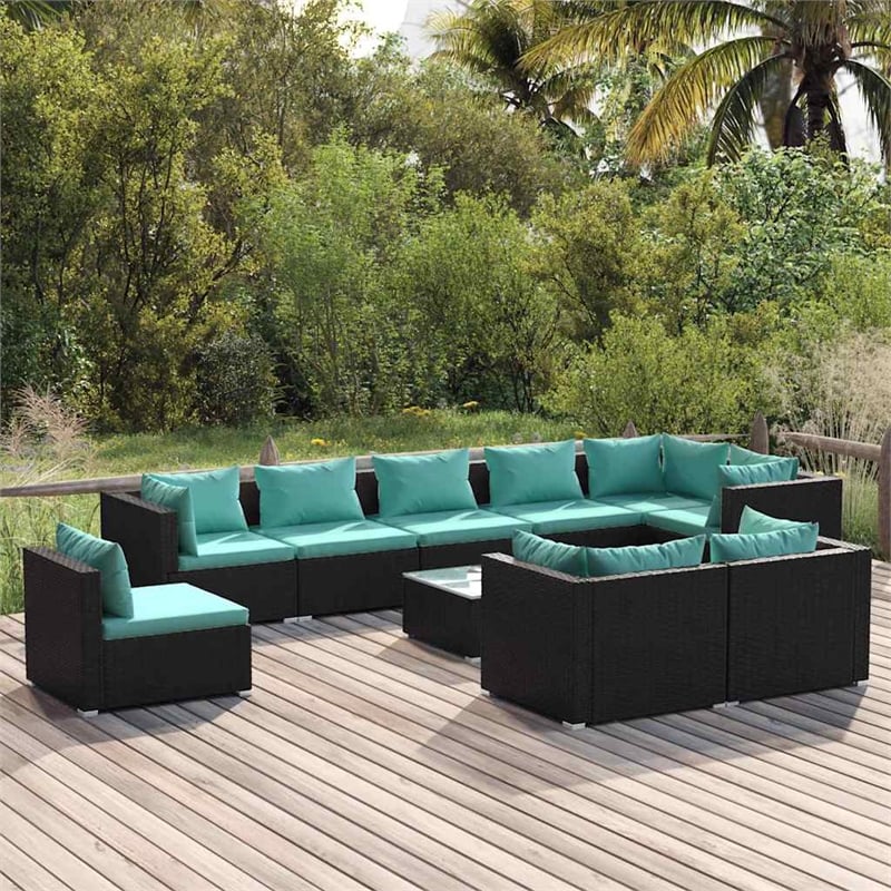 vidaXL 10 Piece Patio Lounge Set with Cushions Poly Rattan Black
