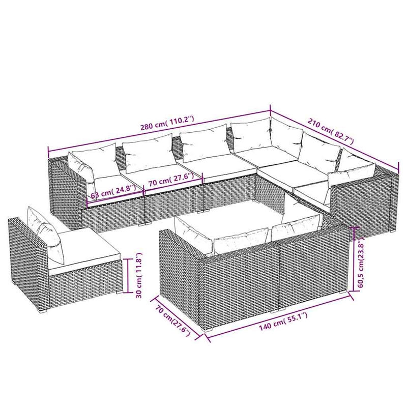 vidaXL 9 Piece Patio Lounge Set with Cushions Poly Rattan Black