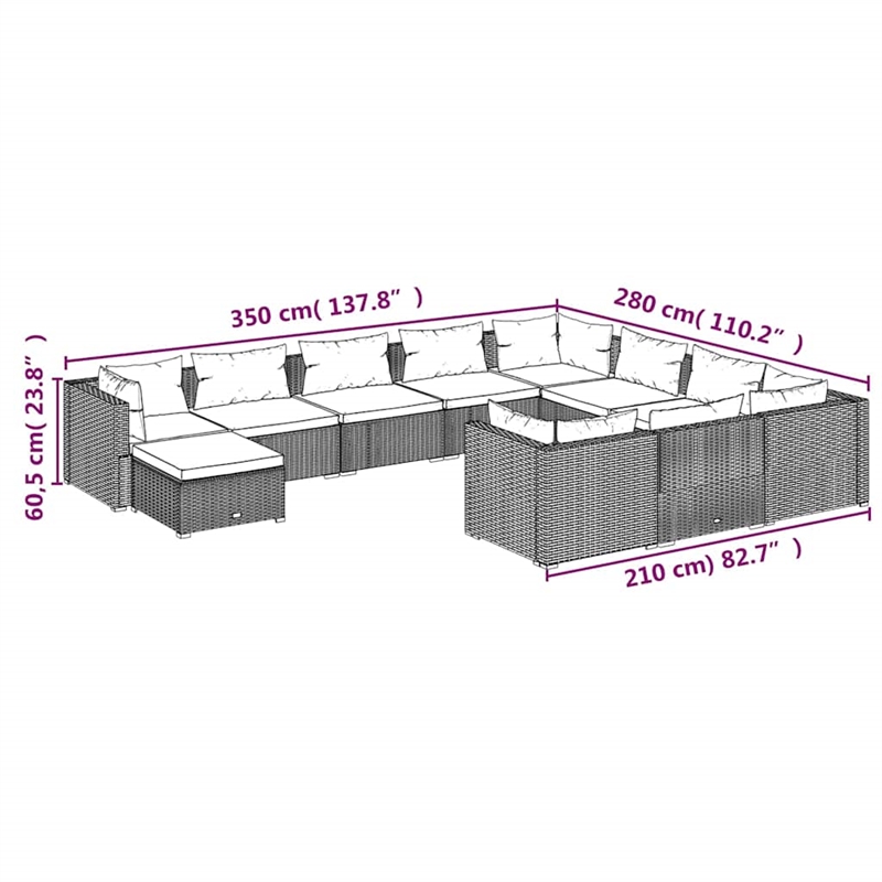 vidaXL 11 Piece Patio Lounge Set with Cushions Poly Rattan Black