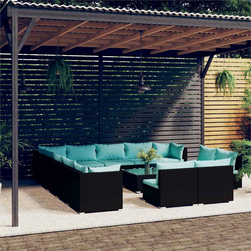 vidaXL 14 Piece Patio Lounge Set with Cushions Black Poly Rattan