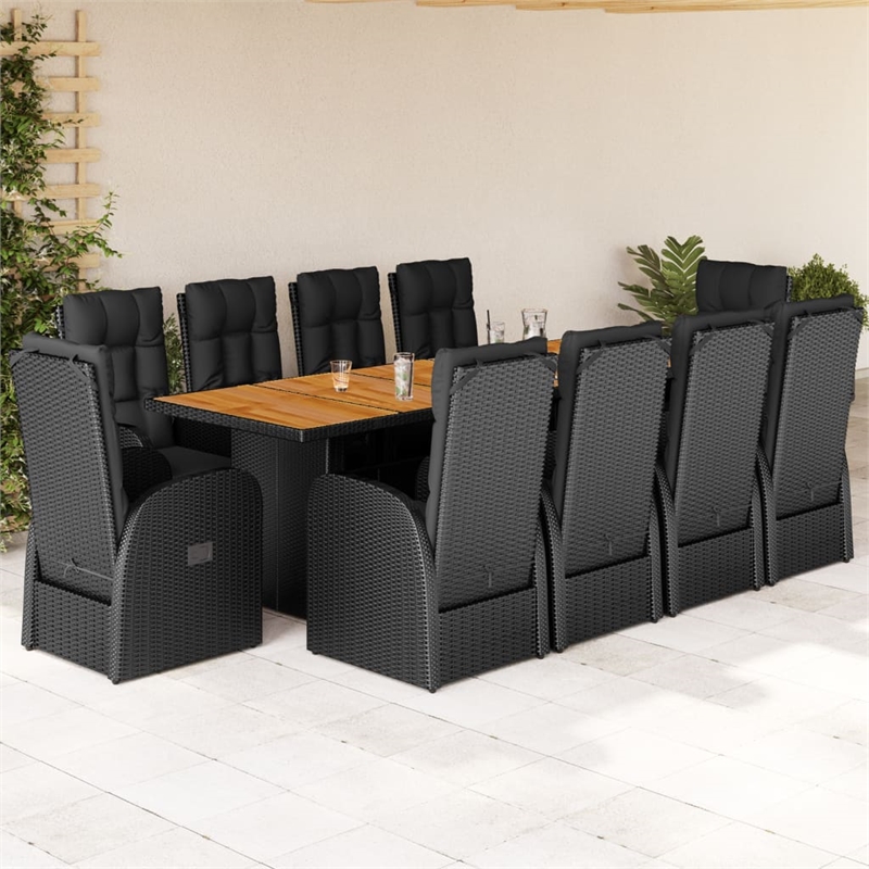 vidaXL 11 Piece Patio Dining Set with Cushions Black Poly Rattan