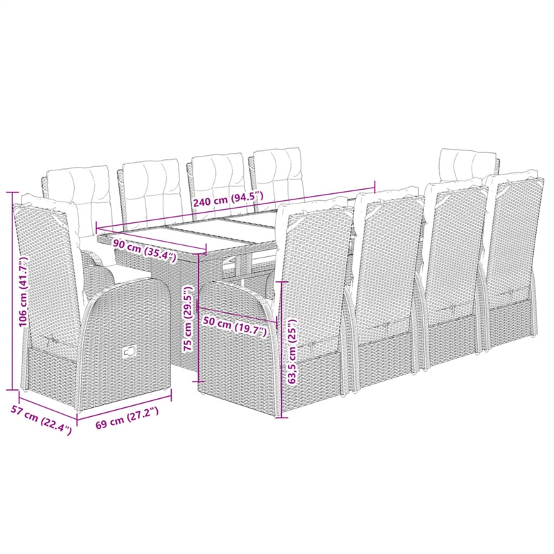 vidaXL 11 Piece Patio Dining Set with Cushions Black Poly Rattan