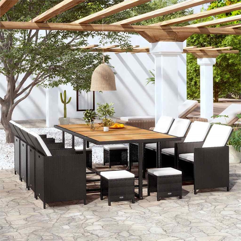 vidaXL 13 Piece Patio Dining Set Poly Rattan and Acacia Wood Black
