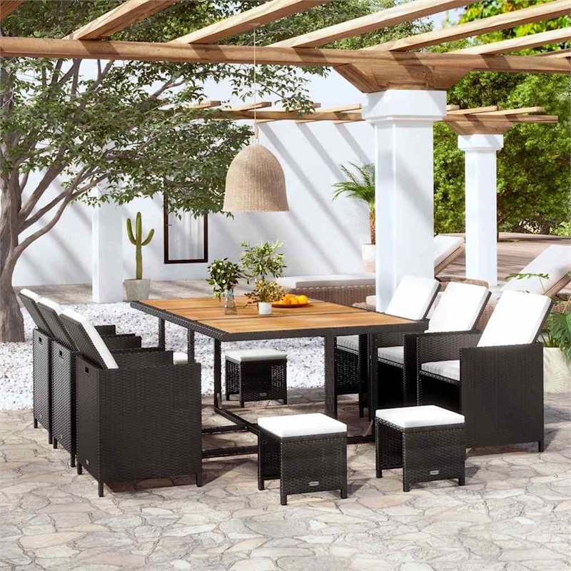 vidaXL 11 Piece Patio Dining Set Poly Rattan and Acacia Wood Black