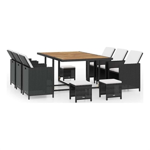 vidaXL 11 Piece Patio Dining Set Poly Rattan and Acacia Wood Black