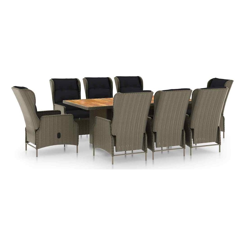 vidaXL 9 Piece Patio Dining Set with Cushions Poly Rattan Brown