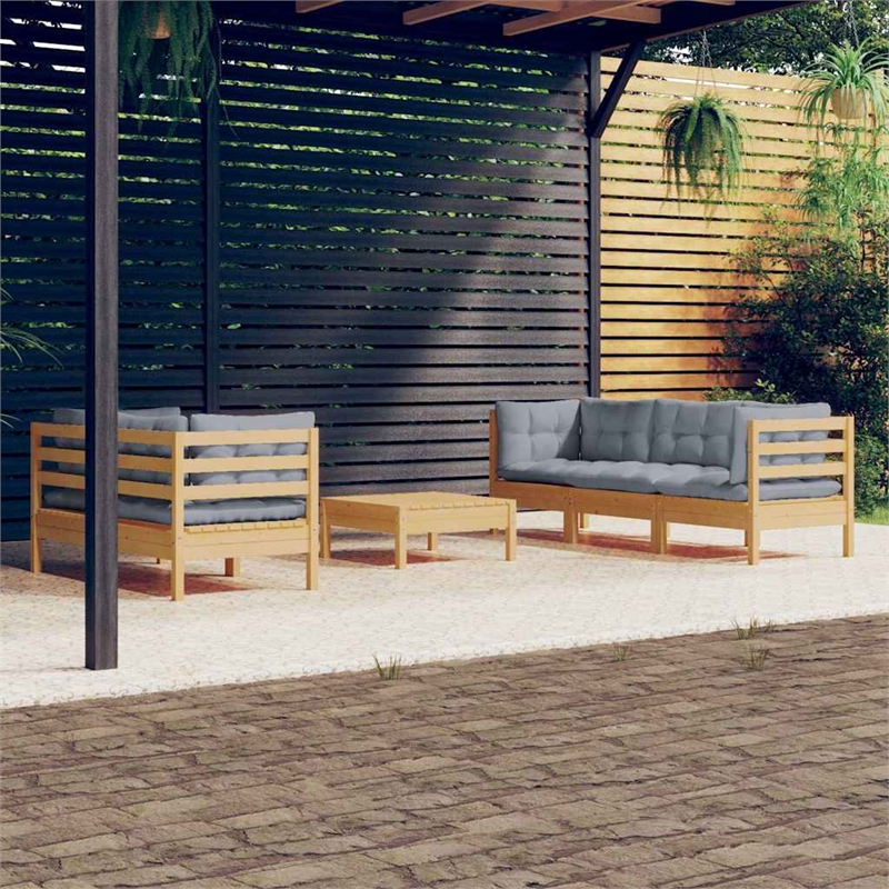 vidaXL 6 Piece Patio Lounge Set with Gray Cushions Pinewood