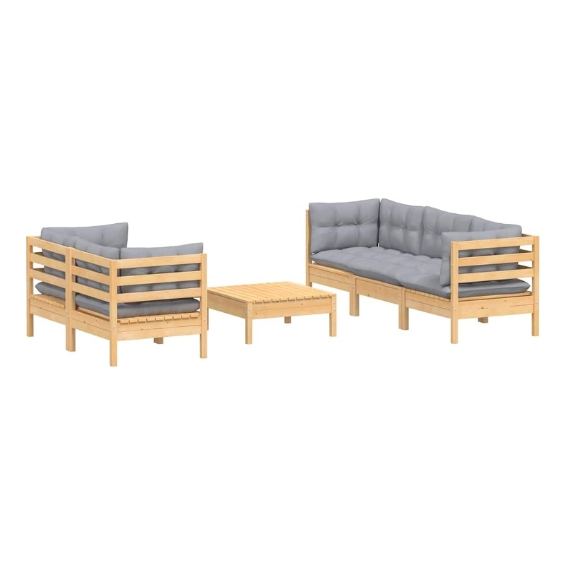 vidaXL 6 Piece Patio Lounge Set with Gray Cushions Pinewood