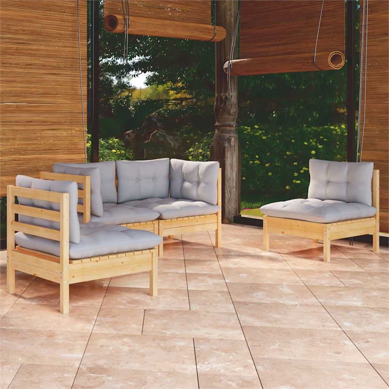 vidaXL 4 Piece Patio Lounge Set with Gray Cushions Solid Pinewood