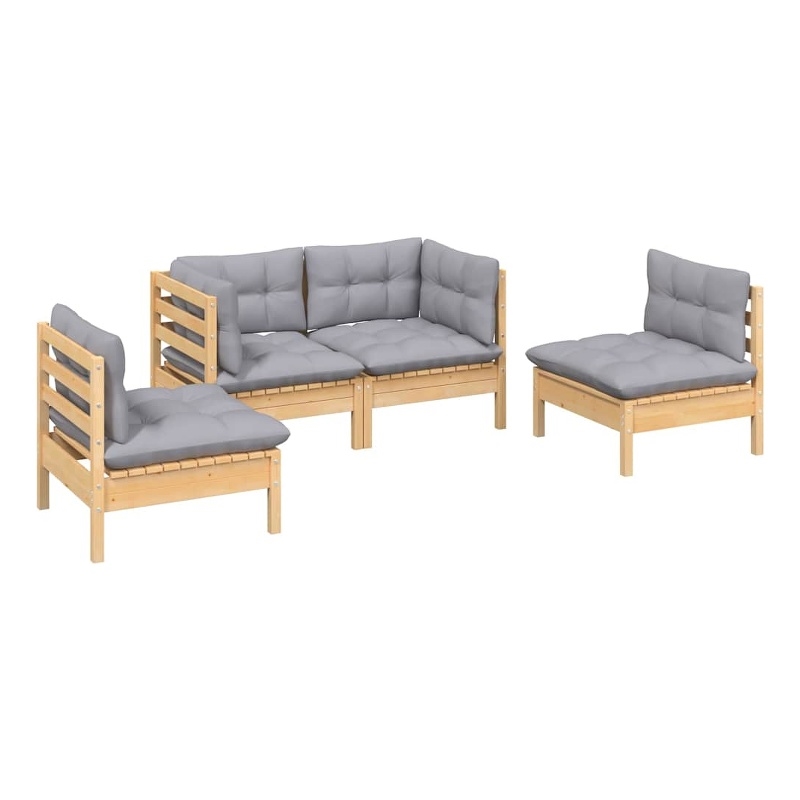 vidaXL 4 Piece Patio Lounge Set with Gray Cushions Solid Pinewood