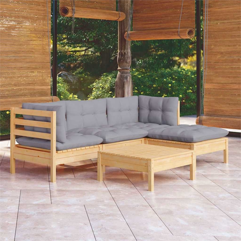 vidaXL 5 Piece Patio Lounge Set with Gray Cushions Pinewood