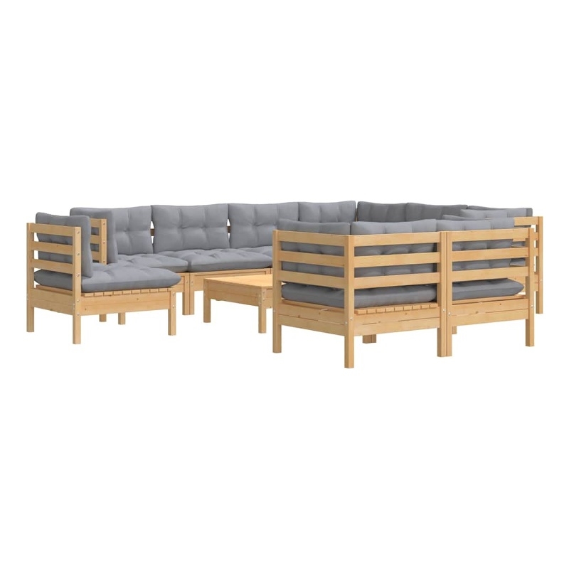 vidaXL 10 Piece Patio Lounge Set with Gray Cushions Solid Pinewood