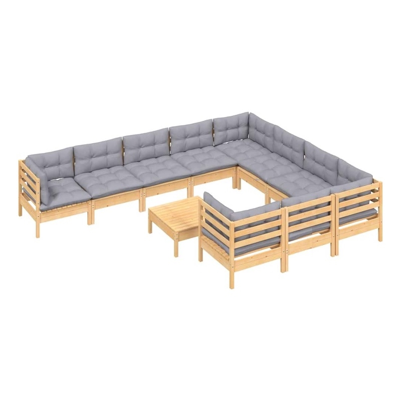 vidaXL 11 Piece Patio Lounge Set with Gray Cushions Pinewood