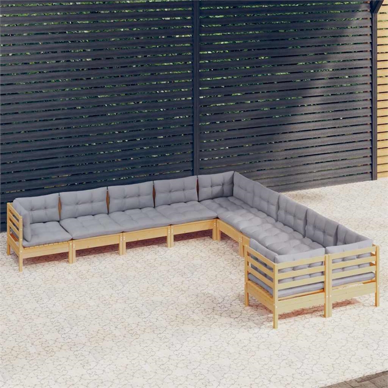 vidaXL 10 Piece Patio Lounge Set with Gray Cushions Pinewood