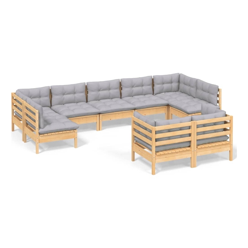 vidaXL 9 Piece Patio Lounge Set with Gray Cushions Solid Pinewood