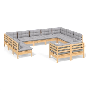 vidaXL 11 Piece Patio Lounge Set with Gray Cushions Solid Pinewood