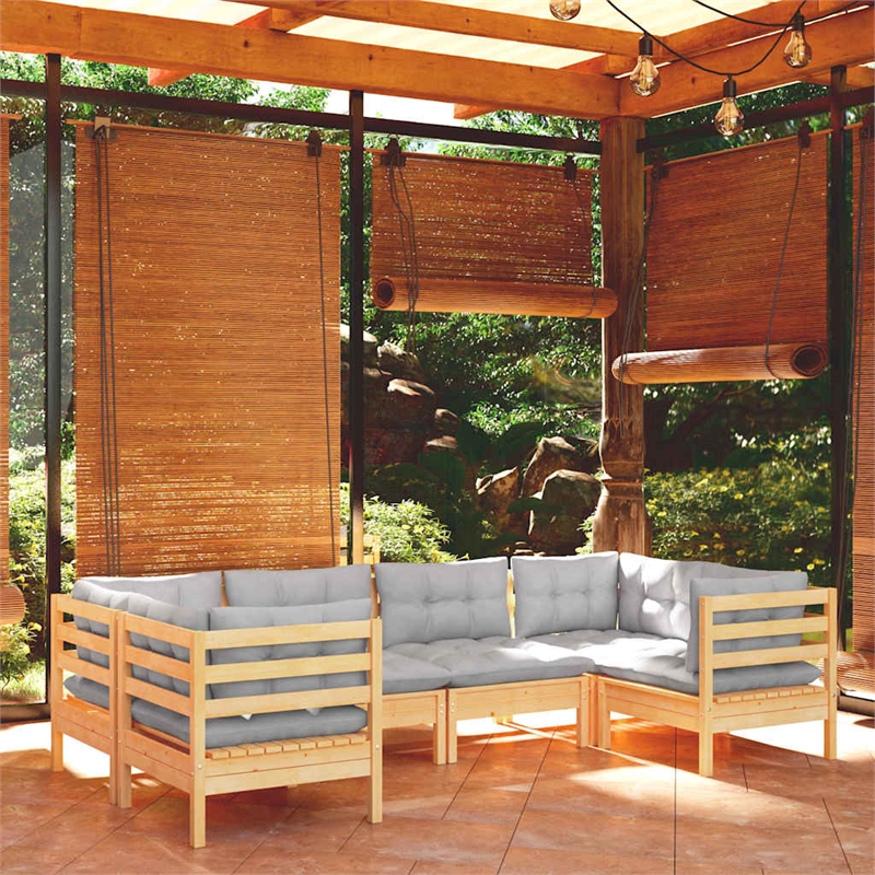 vidaXL 6 Piece Patio Lounge Set with Gray Cushions Pinewood
