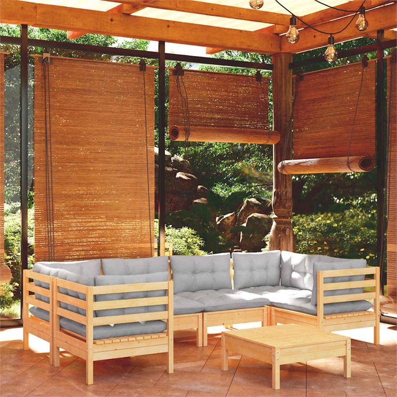 vidaXL 7 Piece Patio Lounge Set with Gray Cushions Pinewood