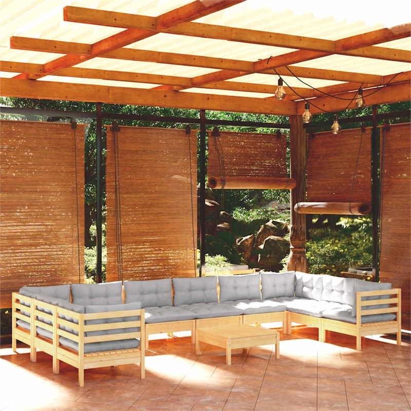 vidaXL 11 Piece Patio Lounge Set with Gray Cushions Pinewood