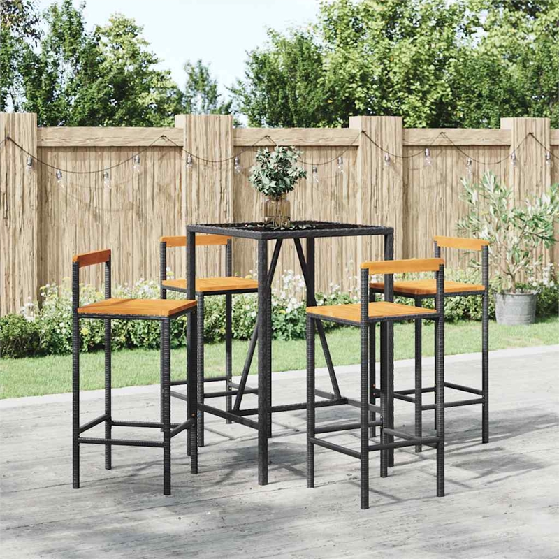 vidaXL 5 Piece Patio Bar Set Black Poly Rattan& Solid Wood Acacia