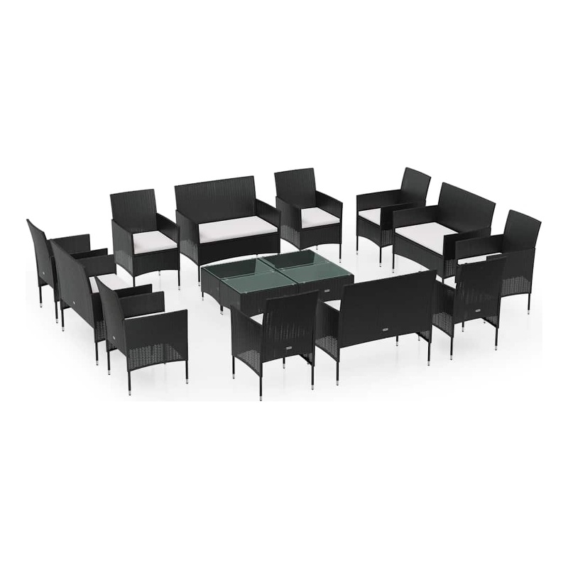 vidaXL 16 Piece Patio Lounge Set with Cushions Poly Rattan Black