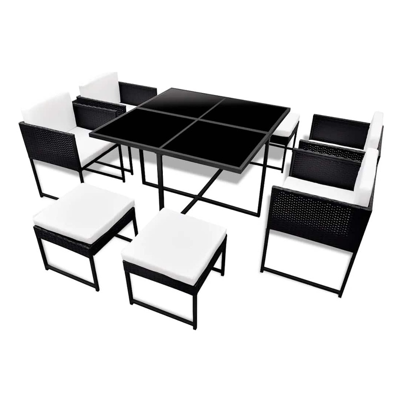 vidaXL 9 Piece Patio Dining Set with Cushions Poly Rattan Black