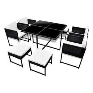 vidaXL 9 Piece Patio Dining Set with Cushions Poly Rattan Black