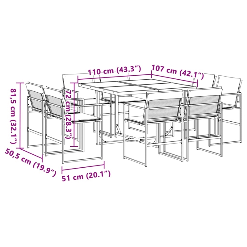 vidaXL 9 Piece Patio Dining Set with Cushions Black Textilene