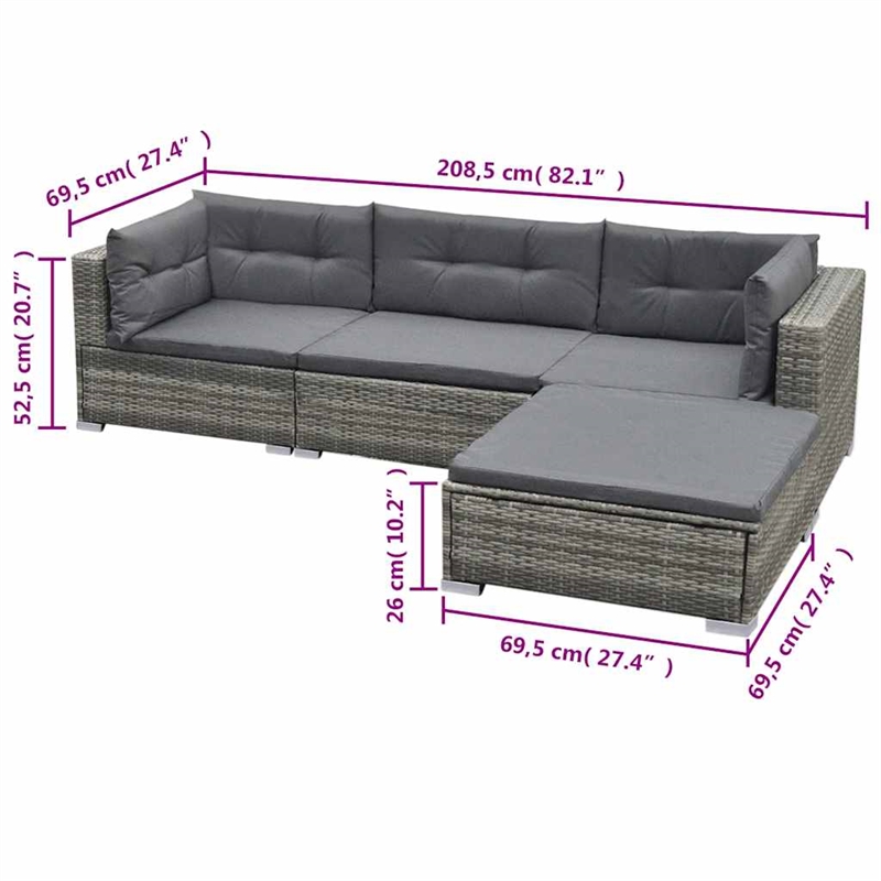 vidaXL 5 Piece Patio Lounge Set with Cushions Poly Rattan Gray