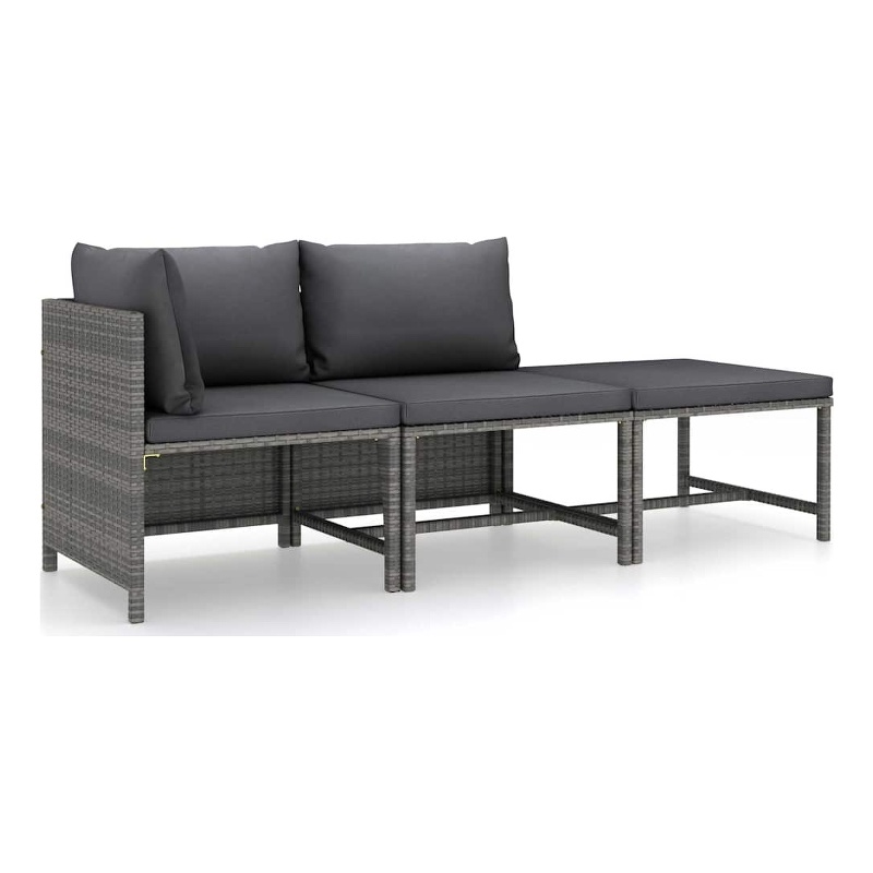 vidaXL 3 Piece Patio Lounge Set with Cushions Poly Rattan Gray